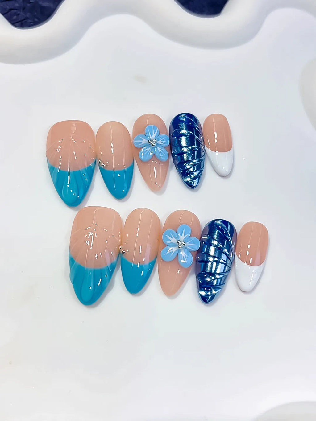 D613 - Medium Nude Blue Almond French tip Flower Cat Eye VibeNailsLab