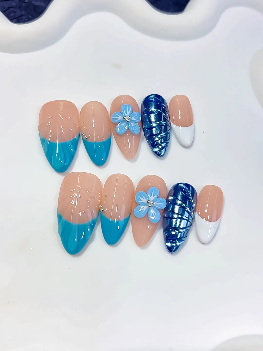 D613 - Medium Nude Blue Almond French tip Flower Cat Eye VibeNailsLab
