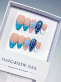 D613 - Medium Nude Blue Almond French tip Flower Cat Eye VibeNailsLab