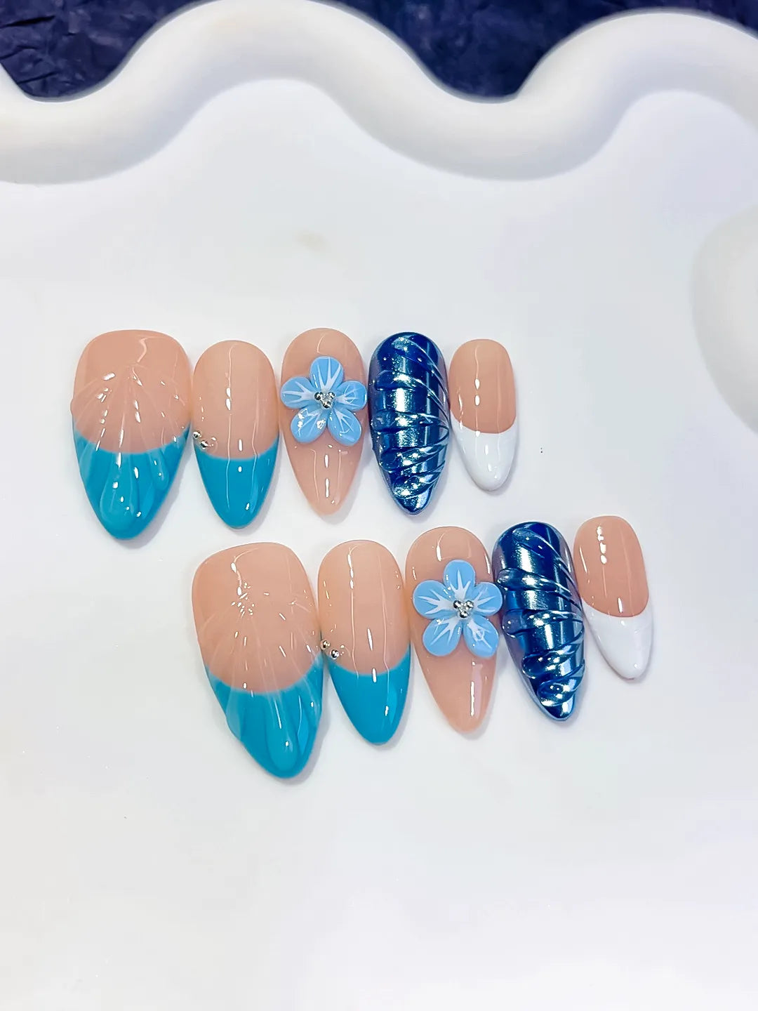 D613 - Medium Nude Blue Almond French tip Flower Cat Eye VibeNailsLab