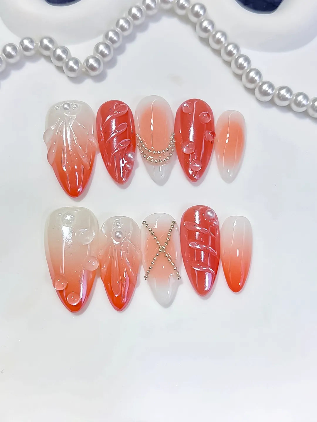D614 - Medium White Orange Almond Ombre Shell Pearl