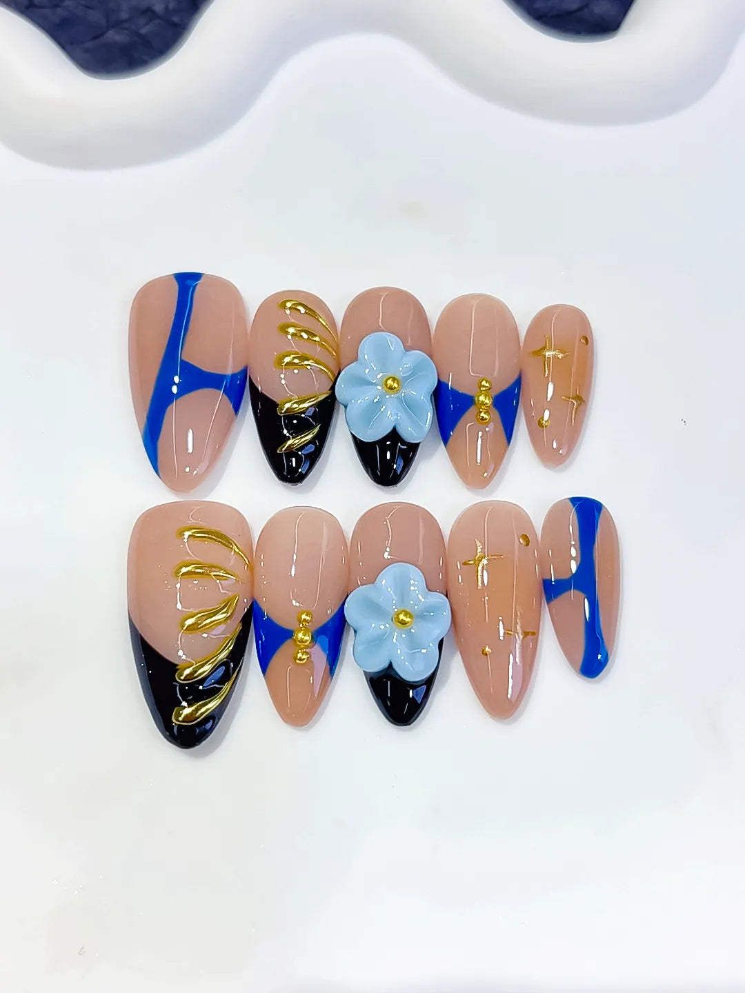 D616 - Medium Nude Blue Almond Abstract Flower Metallic Charm