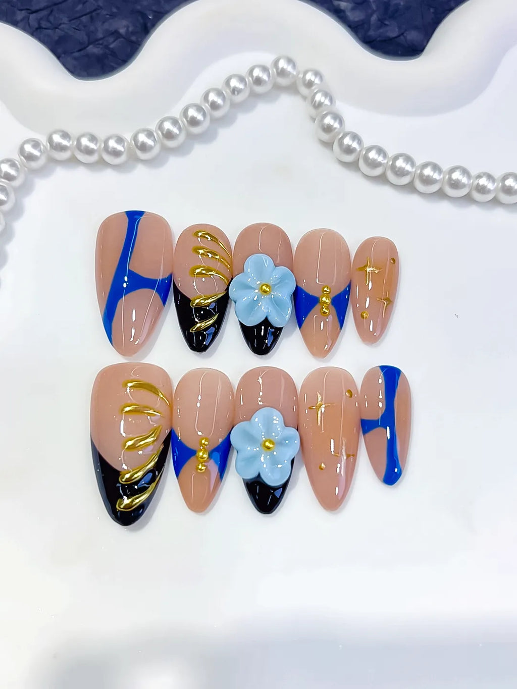 D616 - Medium Nude Blue Almond Abstract Flower Metallic Charm