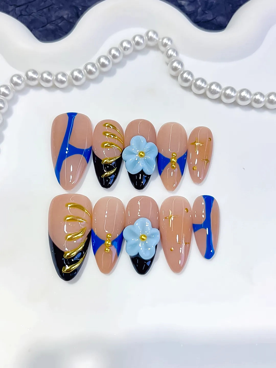 D616 - Medium Nude Blue Almond Abstract Flower Metallic Charm
