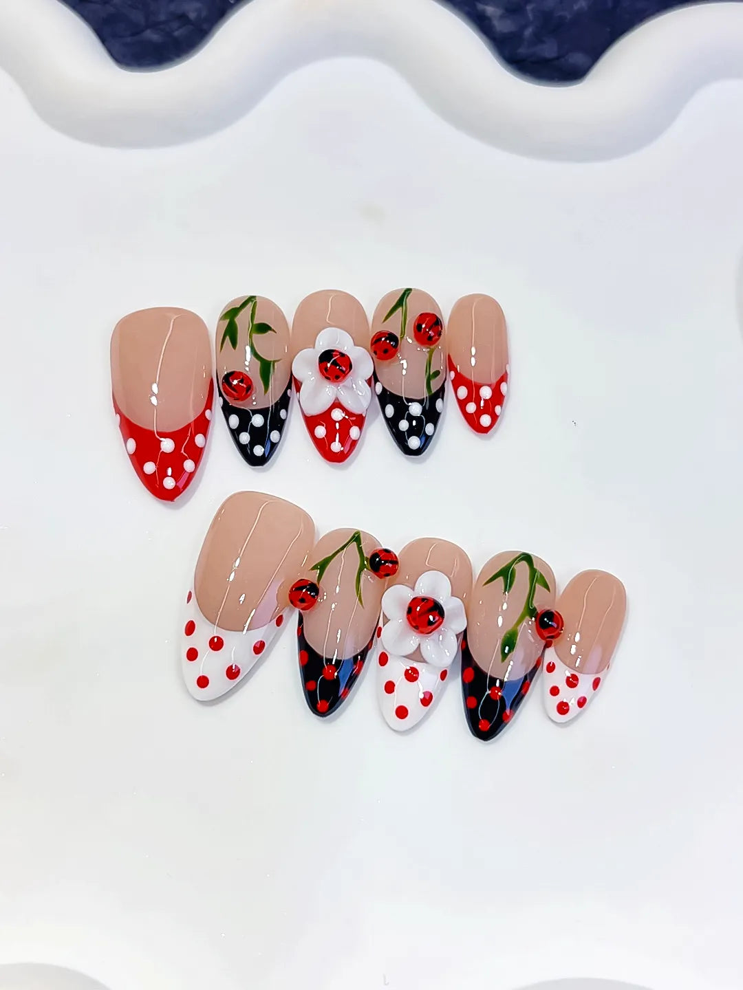D617 - Medium Nude Red Almond French tip Cherry Dot Pattern