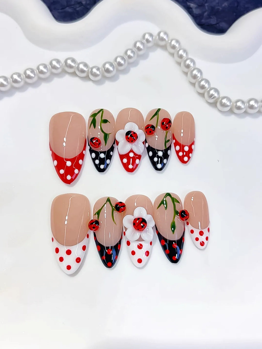 D617 - Medium Nude Red Almond French tip Cherry Dot Pattern