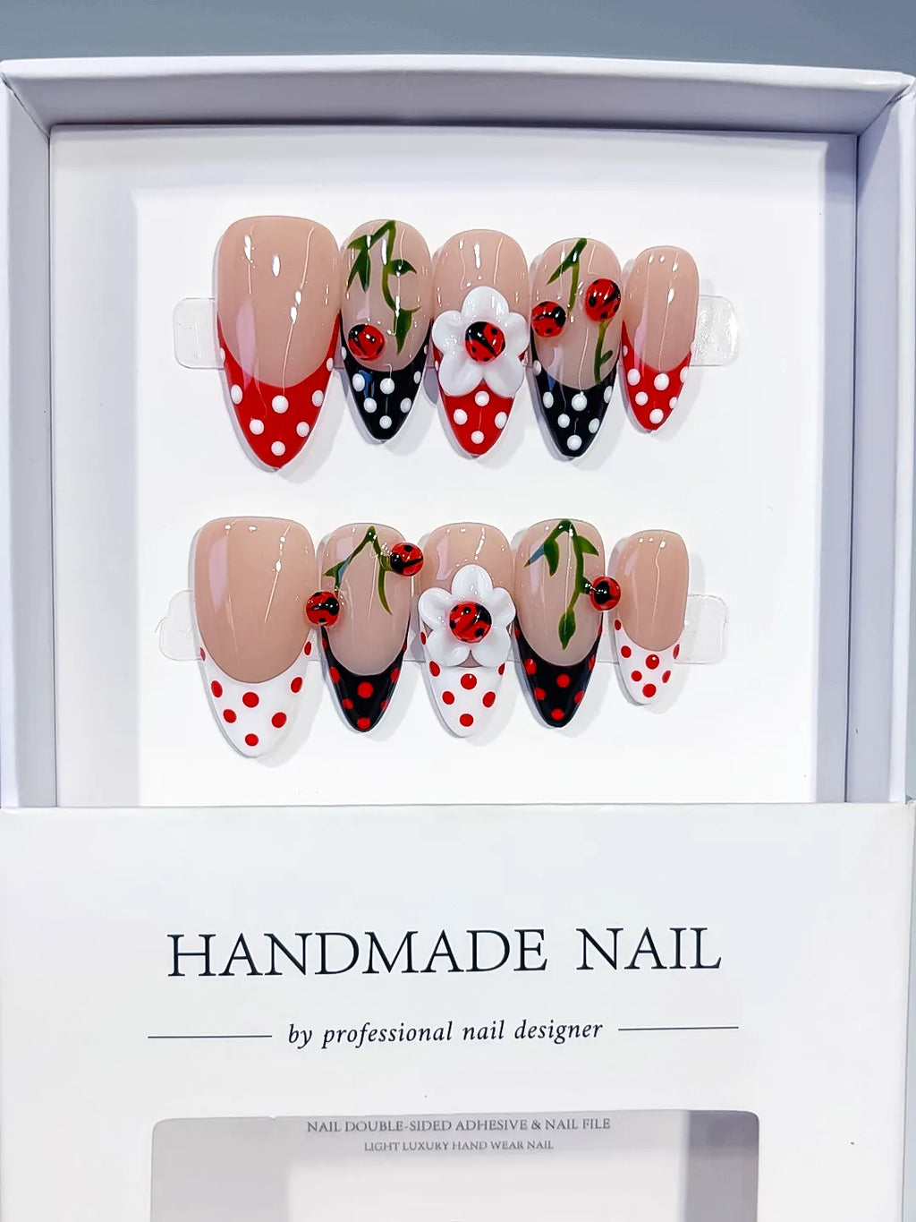 D617 - Medium Nude Red Almond French tip Cherry Dot Pattern