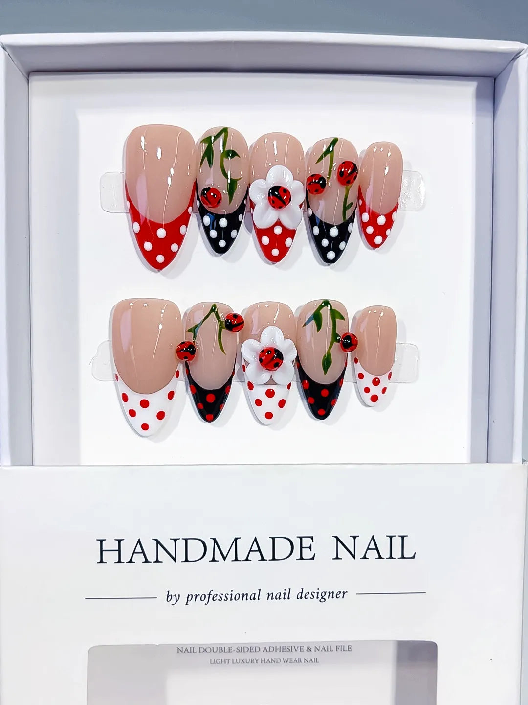 D617 - Medium Nude Red Almond French tip Cherry Dot Pattern