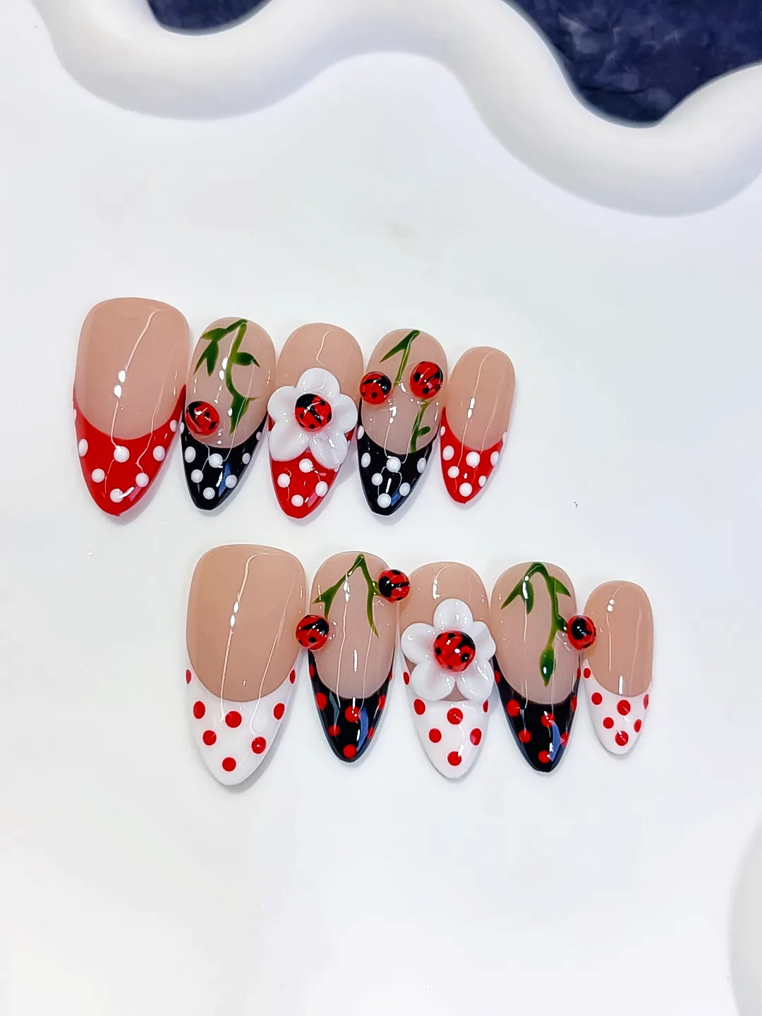 D617 - Medium Nude Red Almond French tip Cherry Dot Pattern