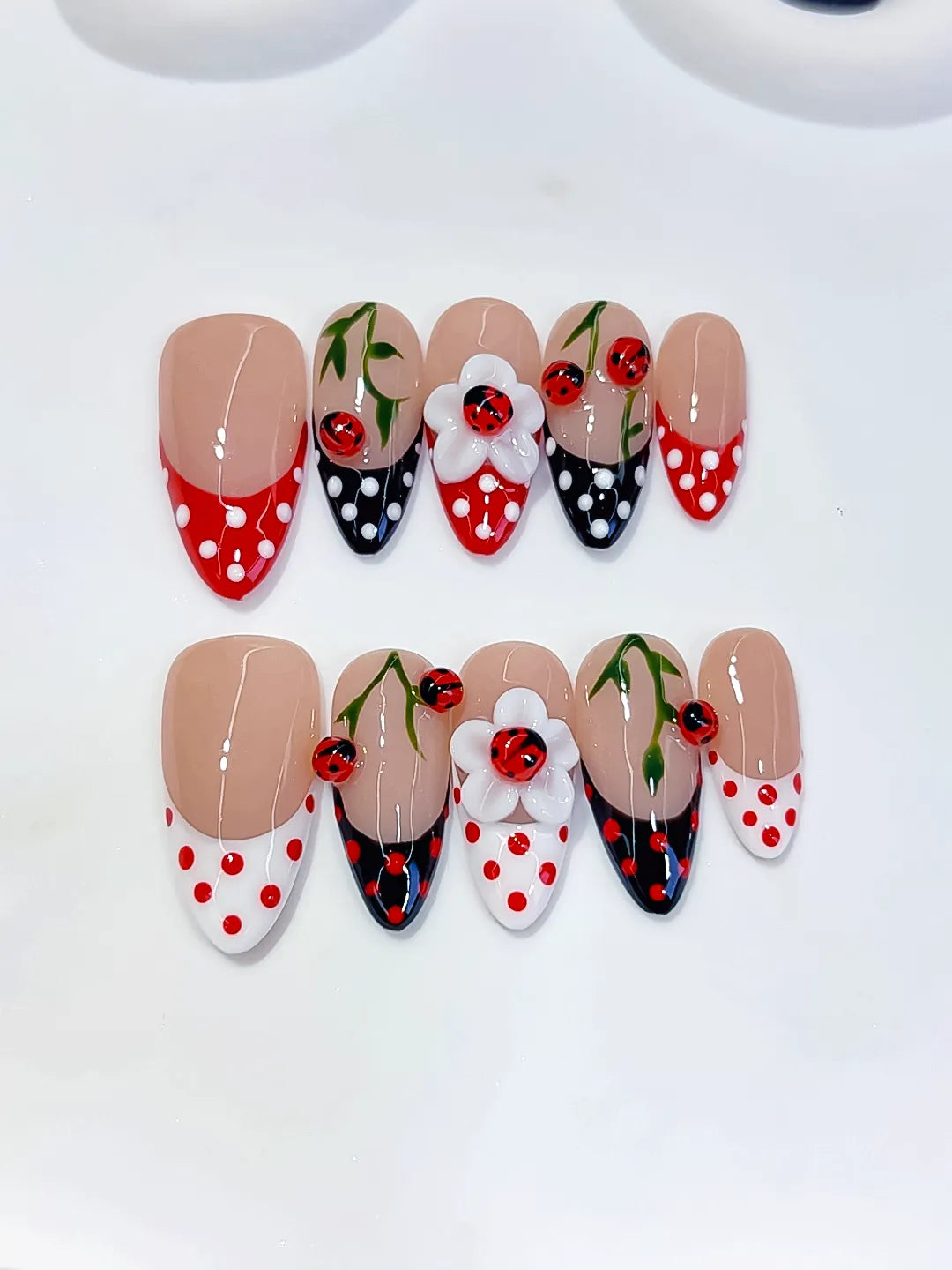 D617 - Medium Nude Red Almond French tip Cherry Dot Pattern