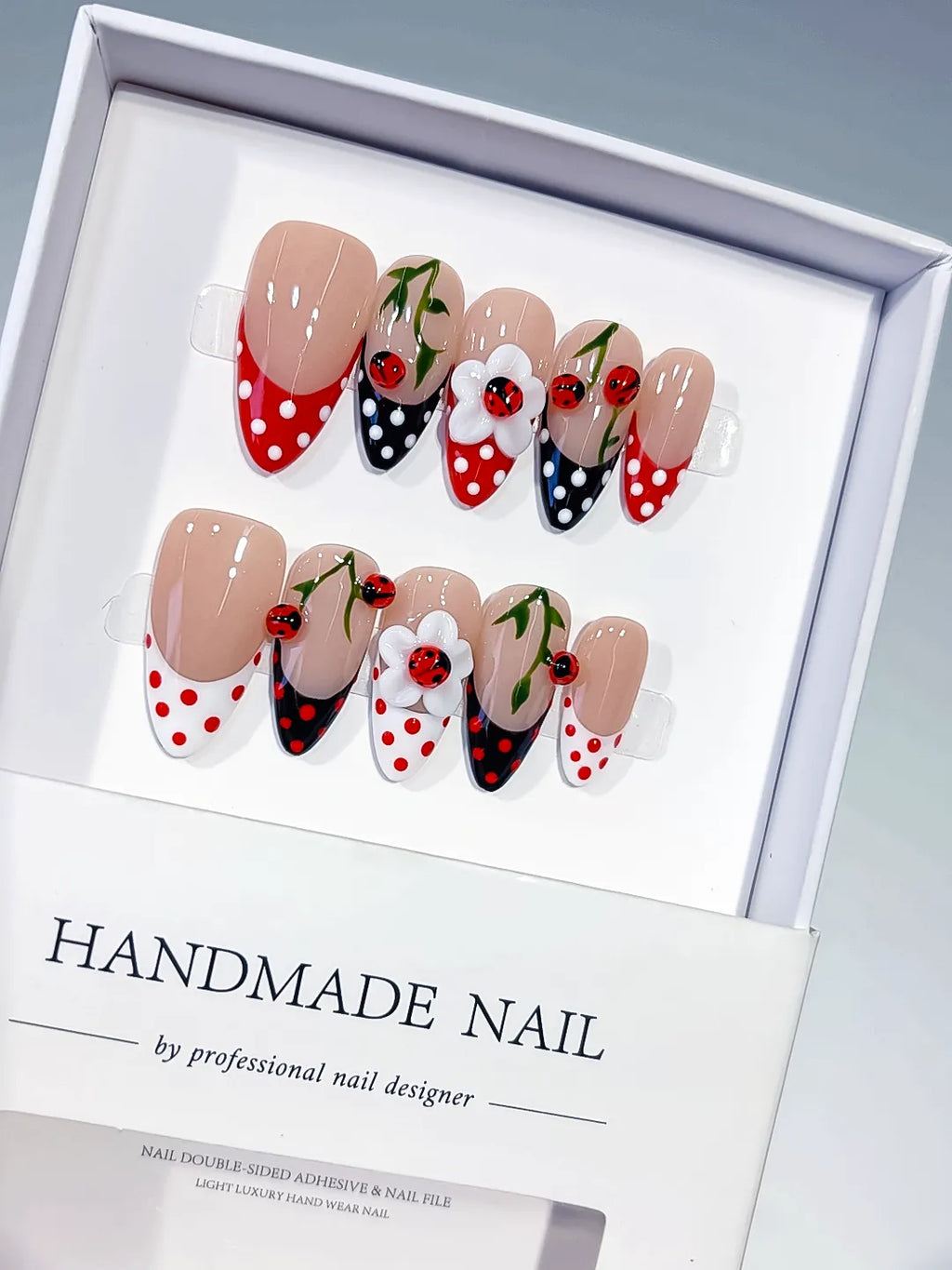 D617 - Medium Nude Red Almond French tip Cherry Dot Pattern