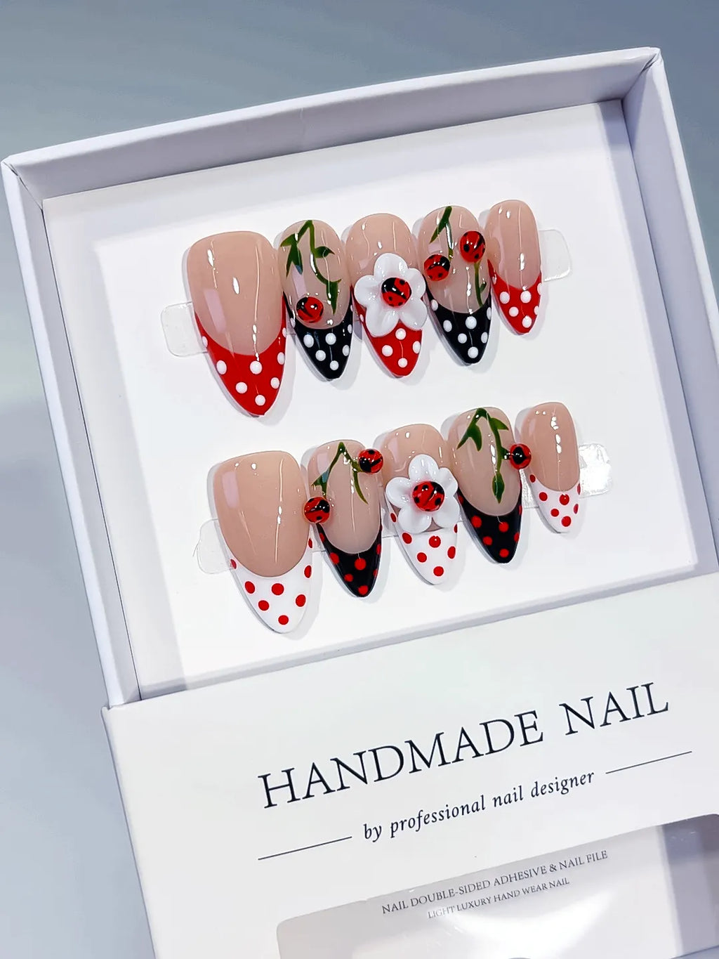 D617 - Medium Nude Red Almond French tip Cherry Dot Pattern