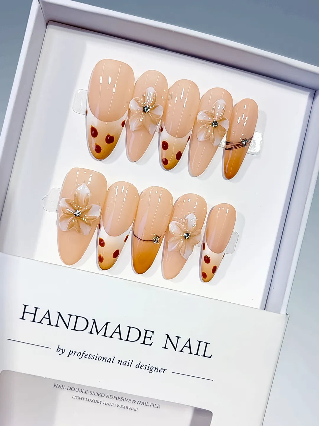 D618 - Long Nude Brown Oval French tip Flower Dot Pattern