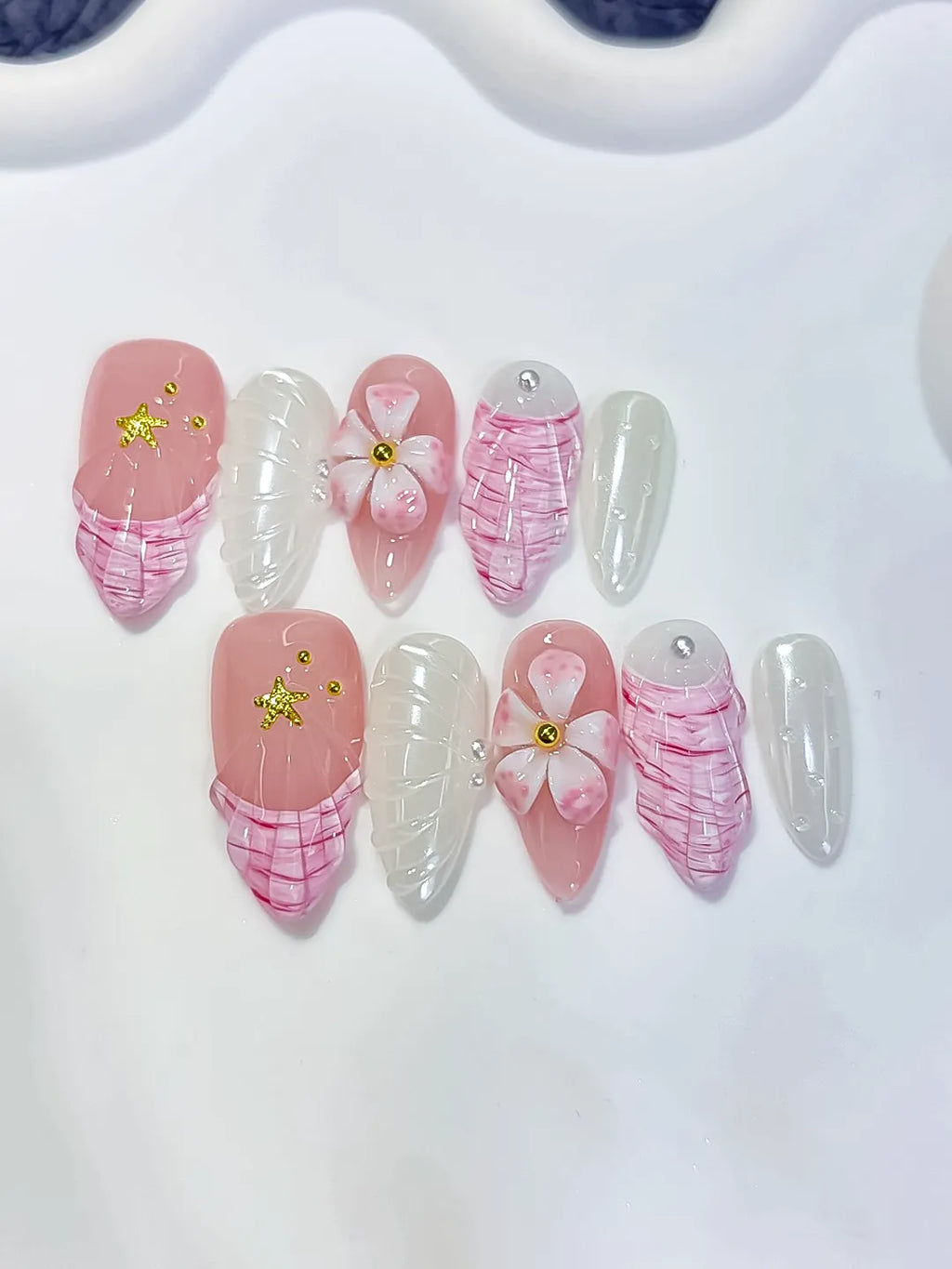 D619 - Medium Pink White Almond French tip Flower Shell