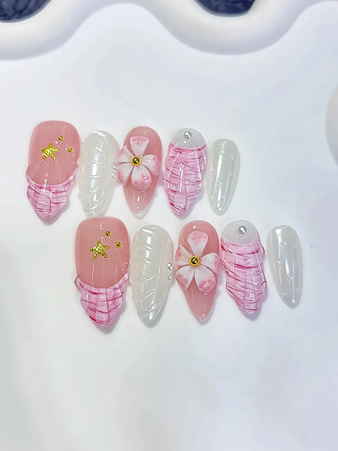D619 - Medium Pink White Almond French tip Flower Shell