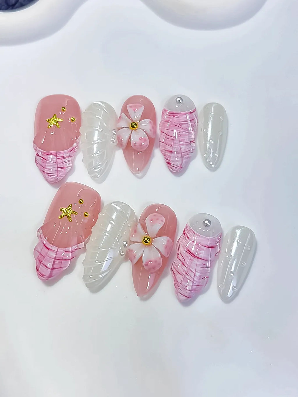 D619 - Medium Pink White Almond French tip Flower Shell