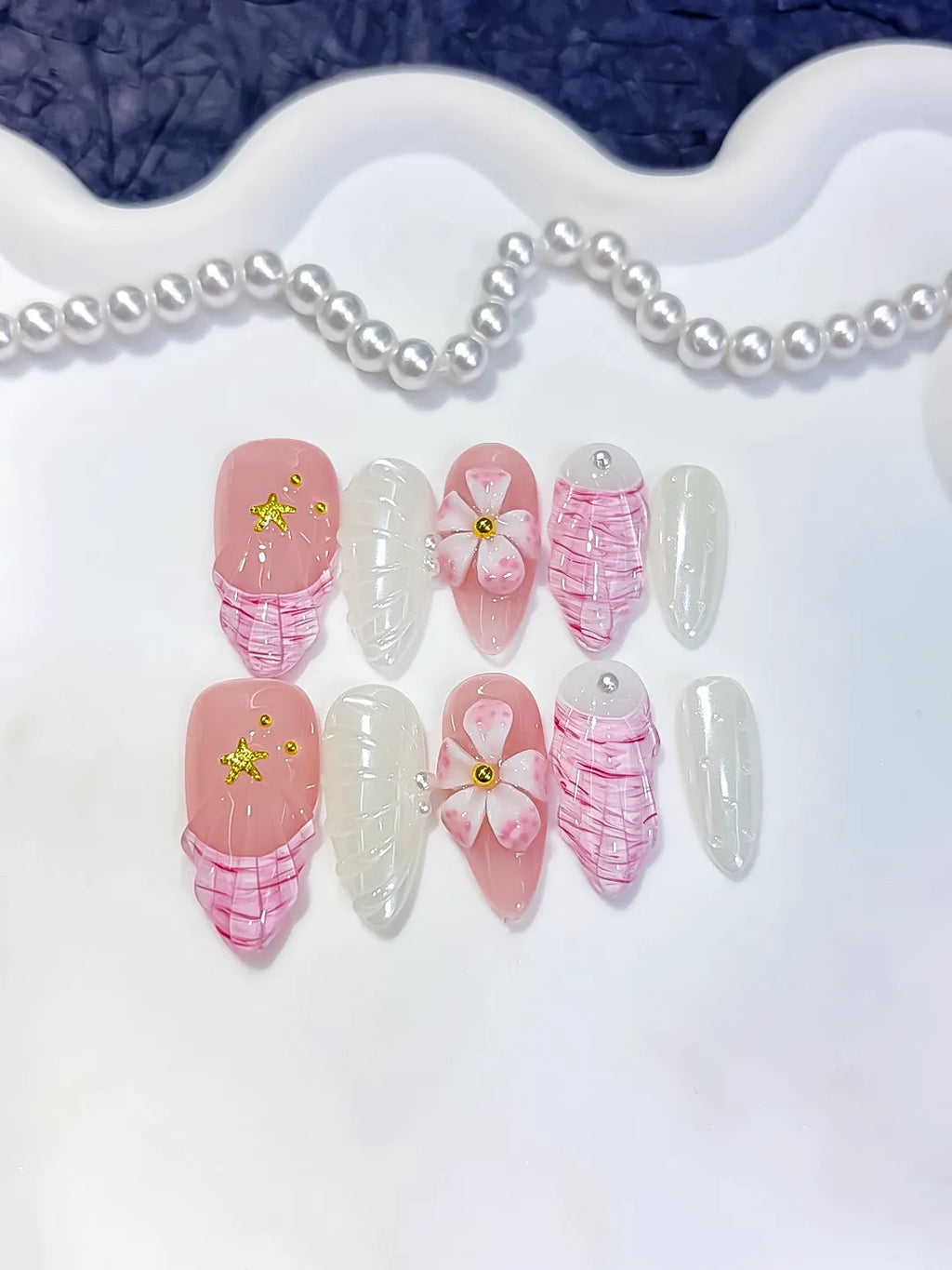 D619 - Medium Pink White Almond French tip Flower Shell