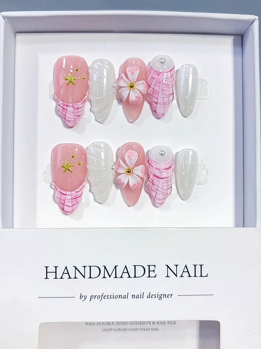 D619 - Medium Pink White Almond French tip Flower Shell