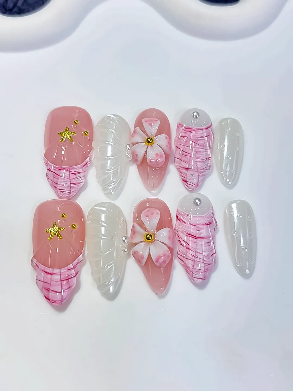 D619 - Medium Pink White Almond French tip Flower Shell