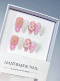 D619 - Medium Pink White Almond French tip Flower Shell