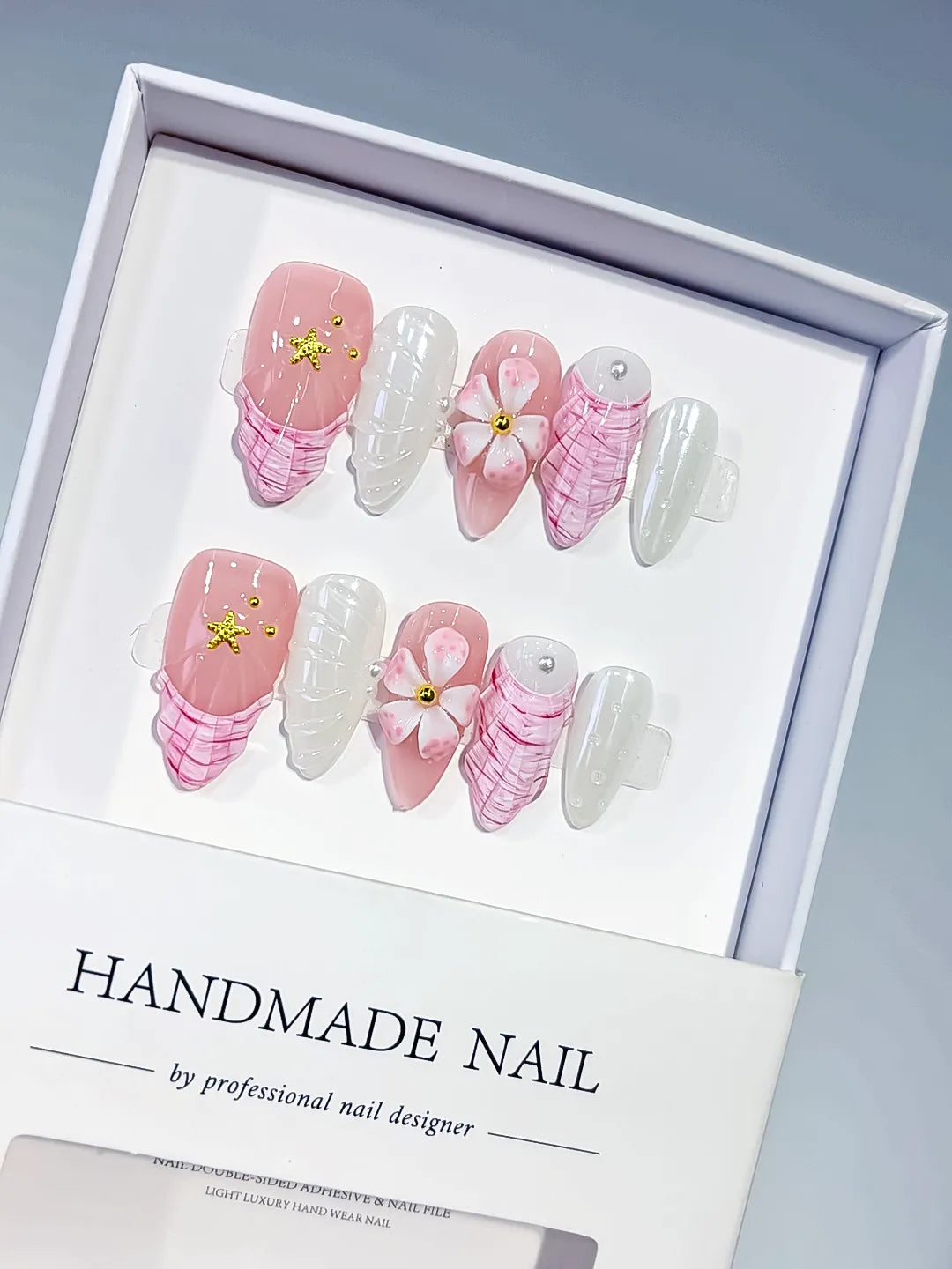 D619 - Medium Pink White Almond French tip Flower Shell