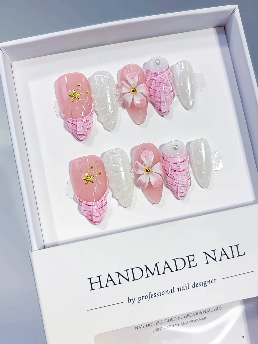 D619 - Medium Pink White Almond French tip Flower Shell