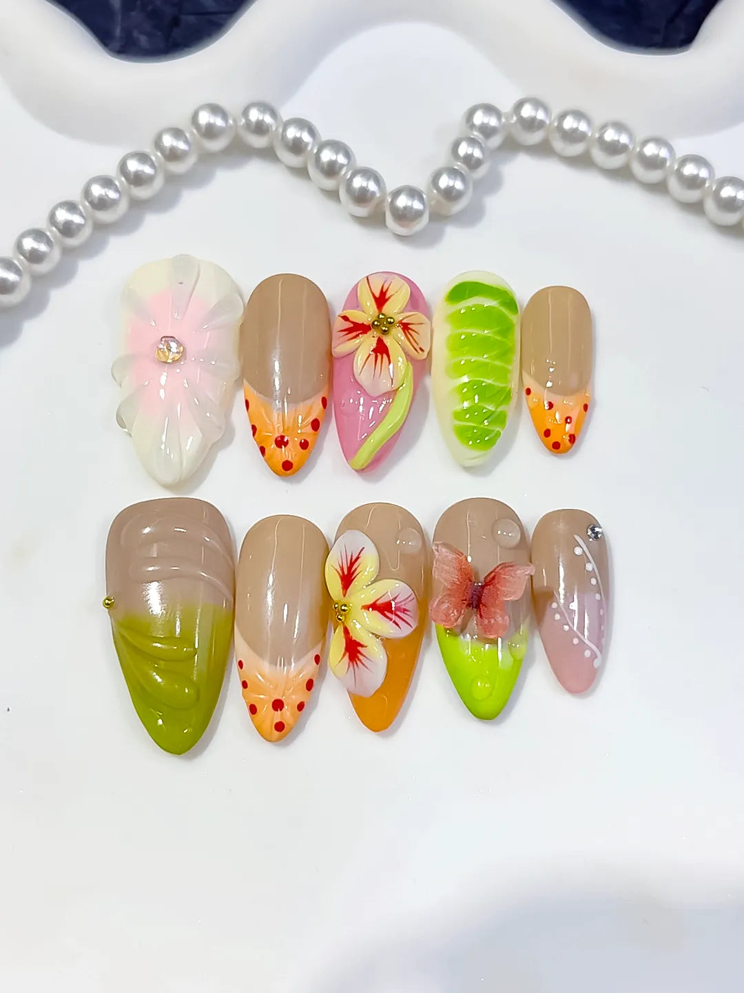 D620 - Medium Nude Green Almond Abstract Flower Fruit
