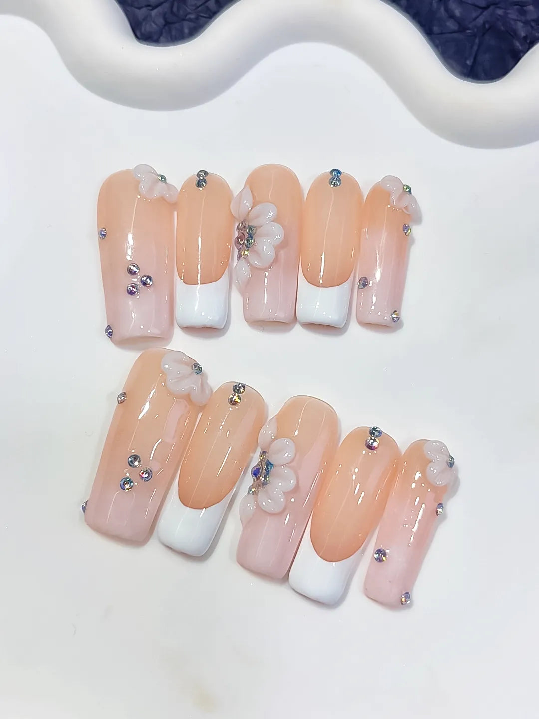 D621 - Long Nude White Square French tip Flower Rhinestone