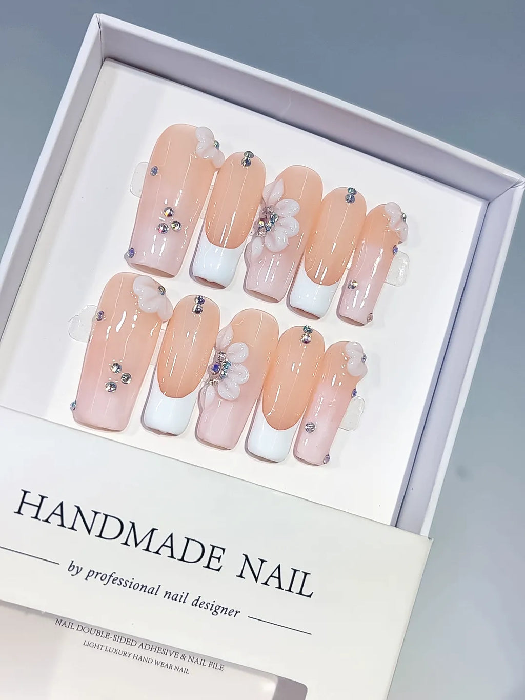 D621 - Long Nude White Square French tip Flower Rhinestone