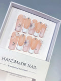 D621 - Long Nude White Square French tip Flower Rhinestone