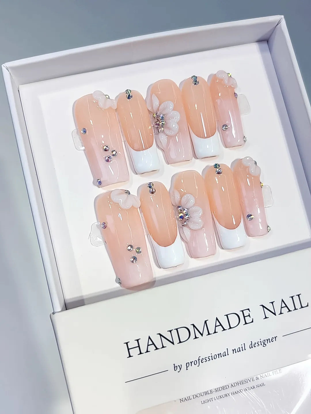 D621 - Long Nude White Square French tip Flower Rhinestone