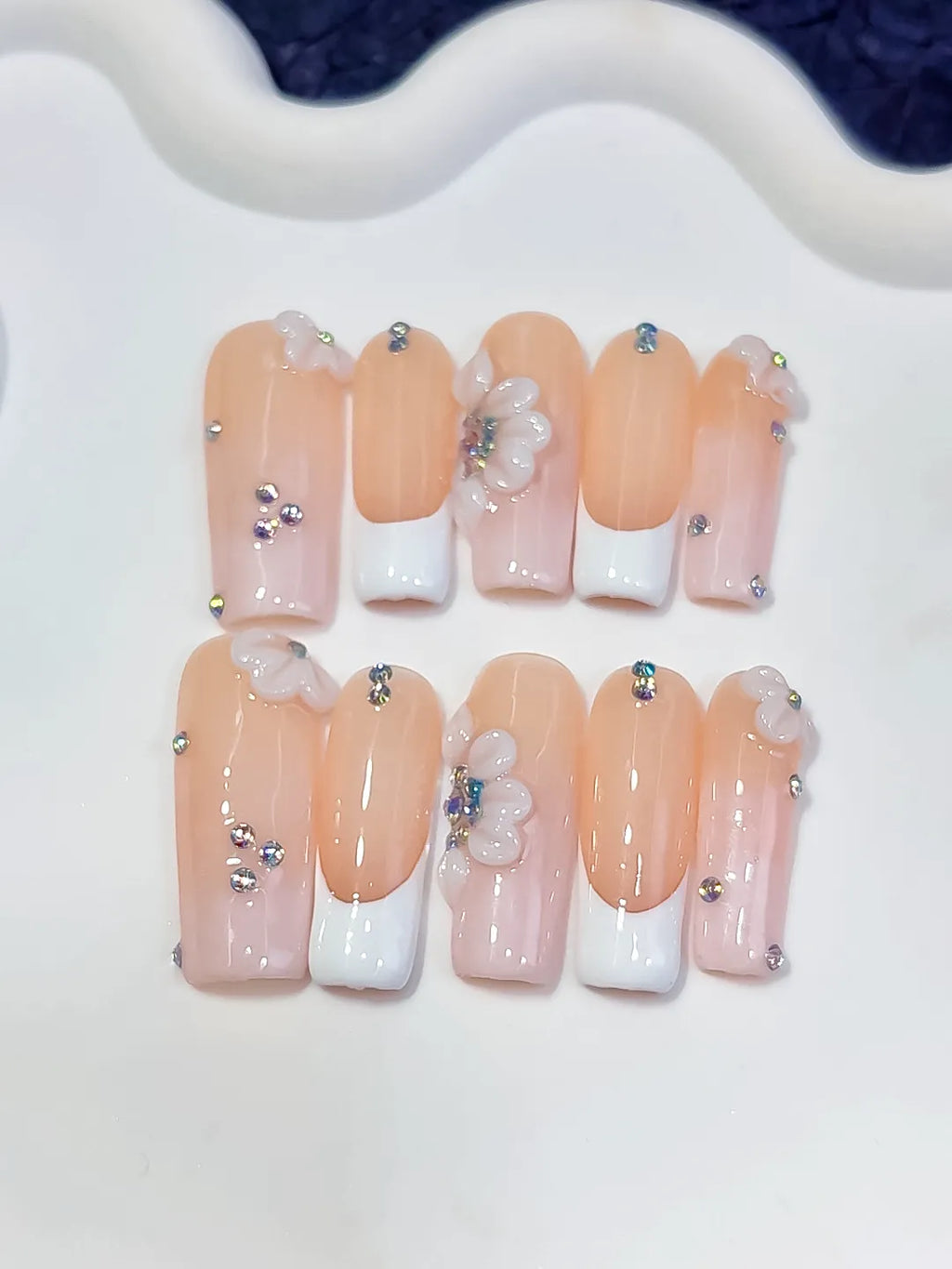 D621 - Long Nude White Square French tip Flower Rhinestone