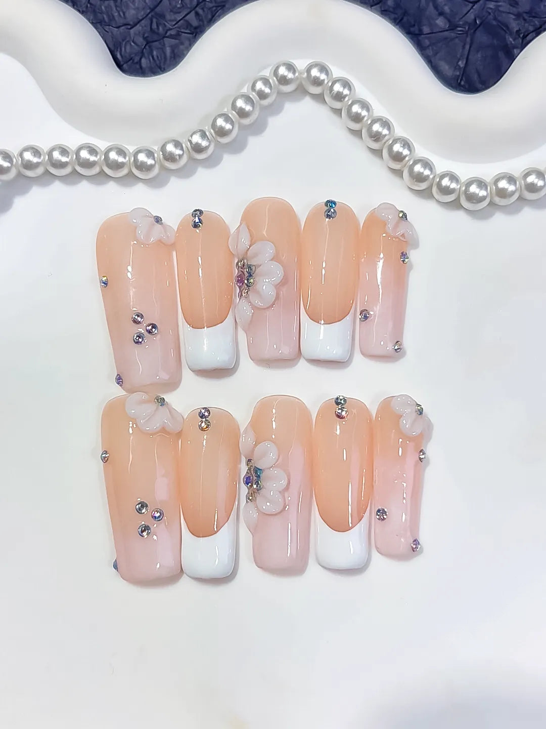D621 - Long Nude White Square French tip Flower Rhinestone