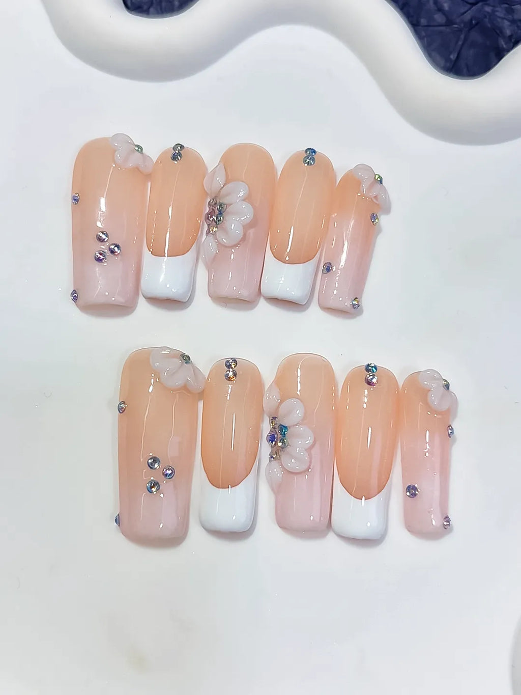 D621 - Long Nude White Square French tip Flower Rhinestone