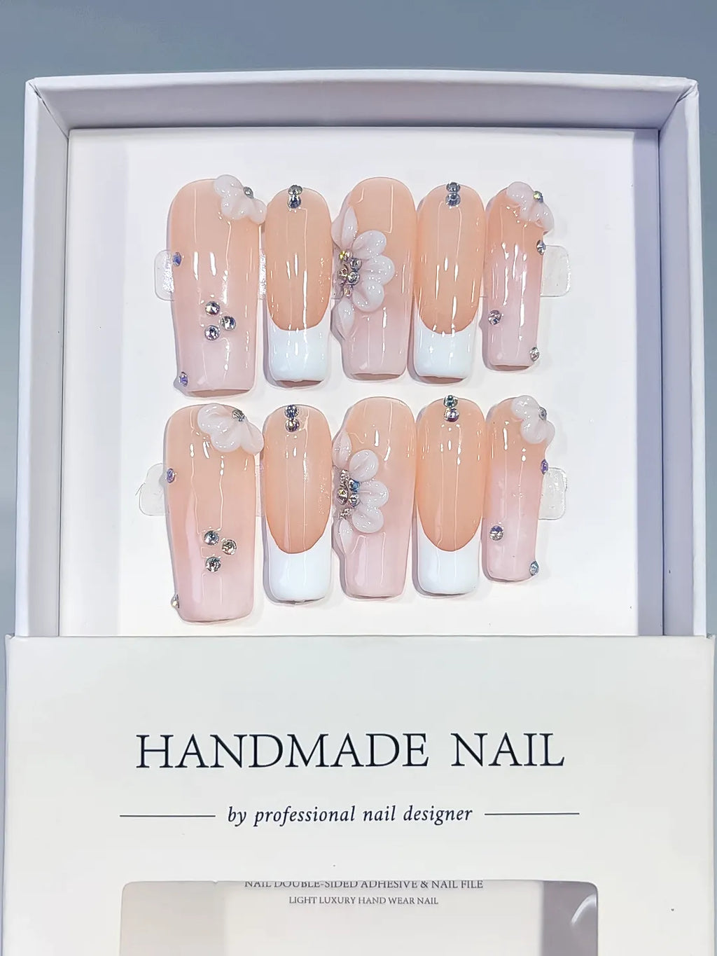 D621 - Long Nude White Square French tip Flower Rhinestone