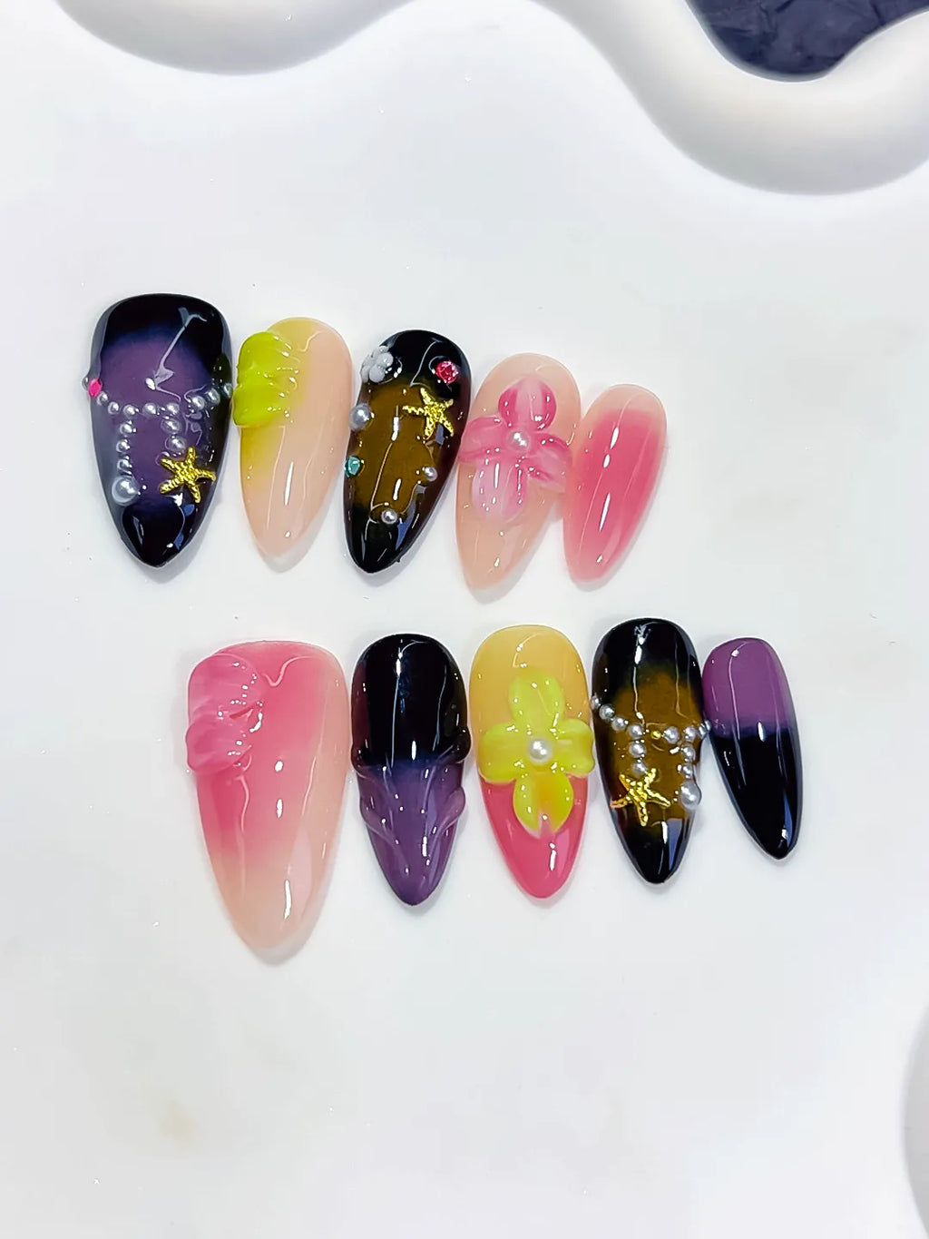D623 - Medium Pink Black Almond Abstract Flower Star