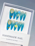 D625 - Long Blue Silver Stiletto Glitter Pearl Star VibeNailsLab