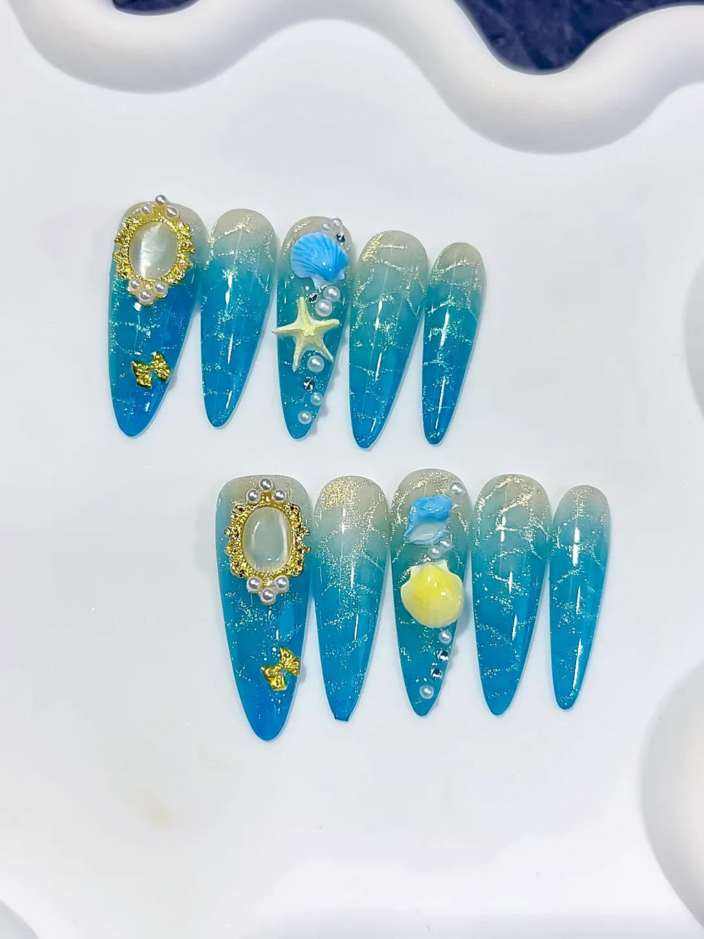 D625 - Long Blue Silver Stiletto Glitter Pearl Star VibeNailsLab