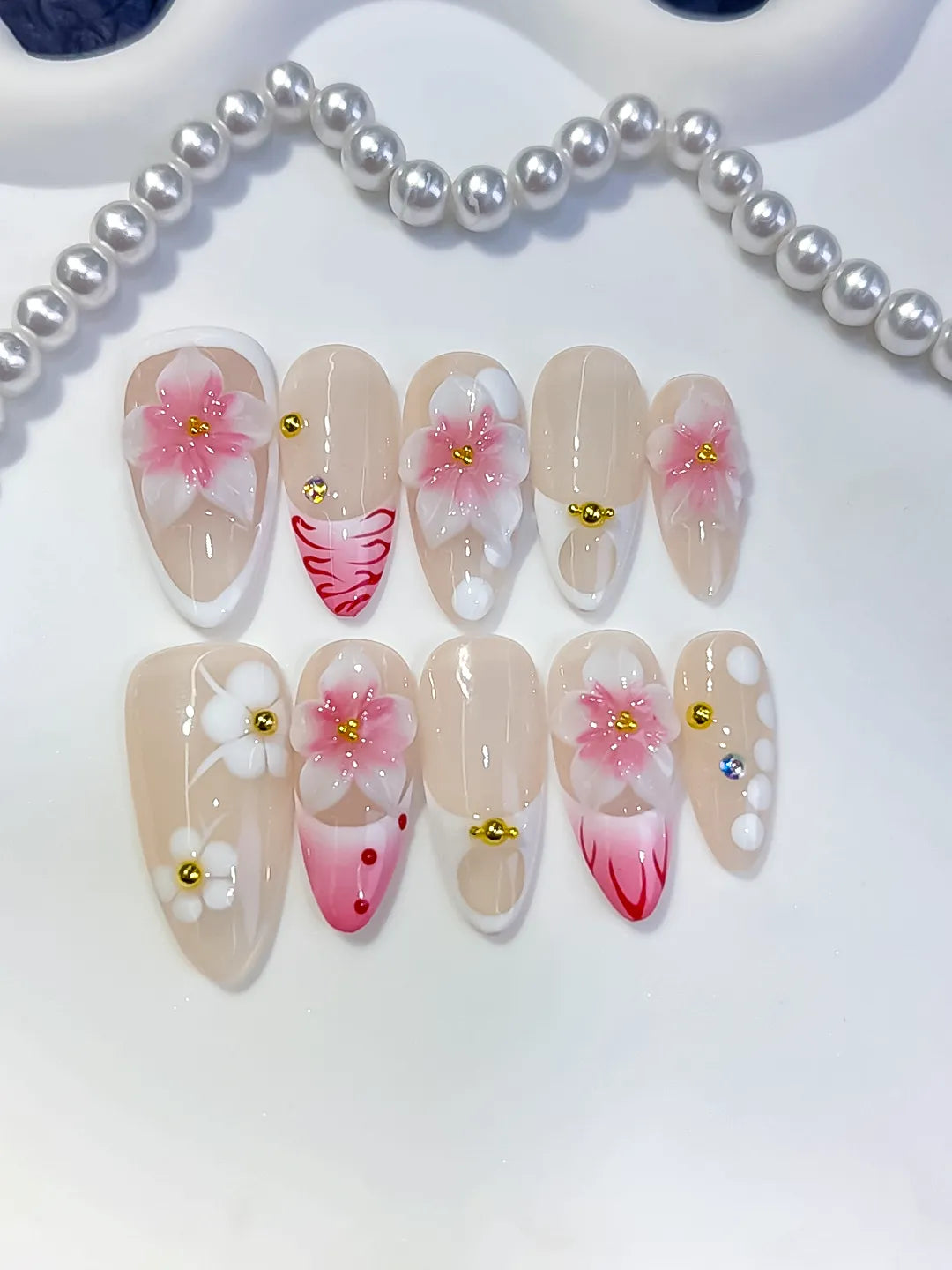 D626 - Medium Nude Pink Almond French tip Flower Dot Pattern
