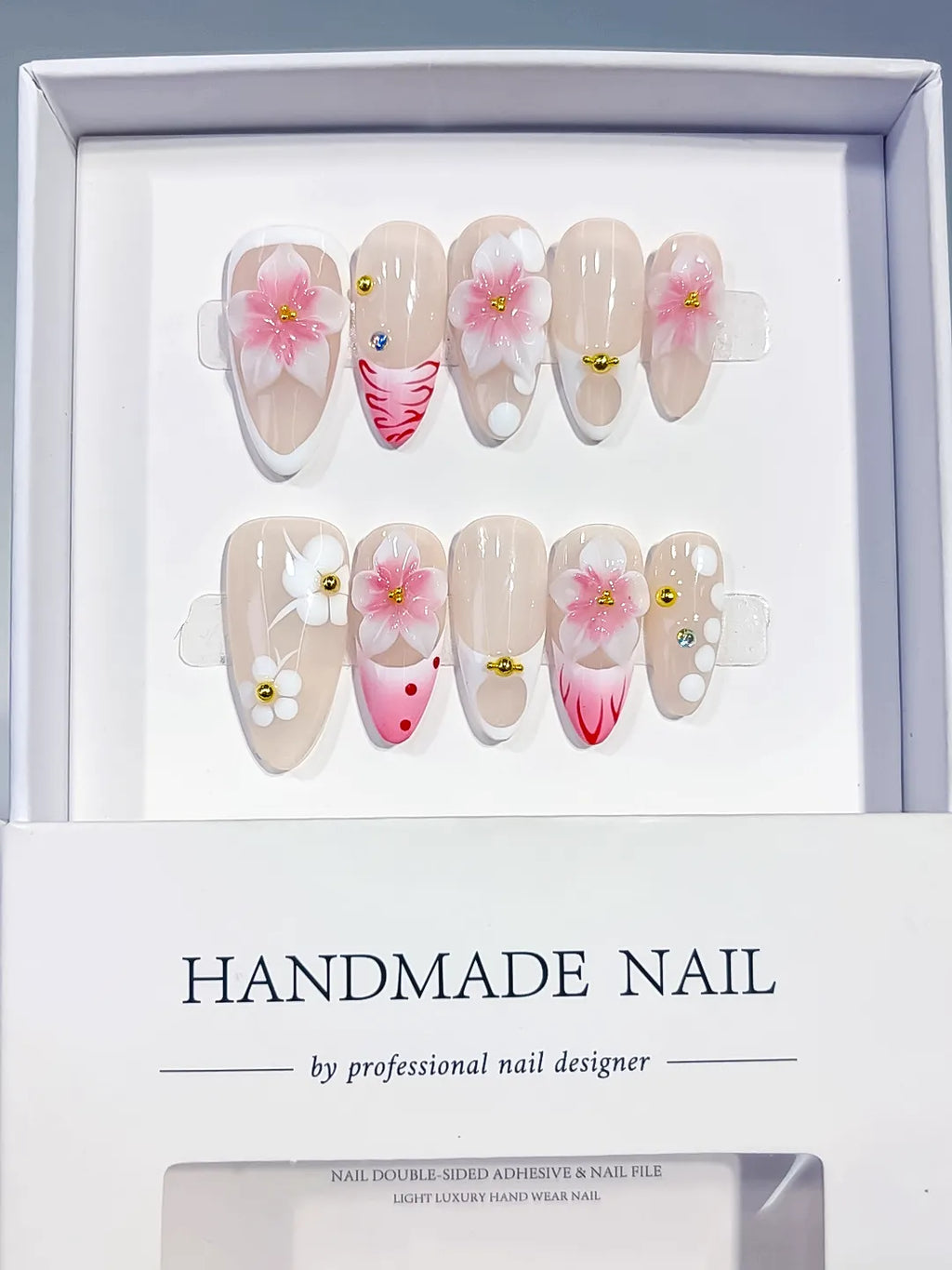 D626 - Medium Nude Pink Almond French tip Flower Dot Pattern