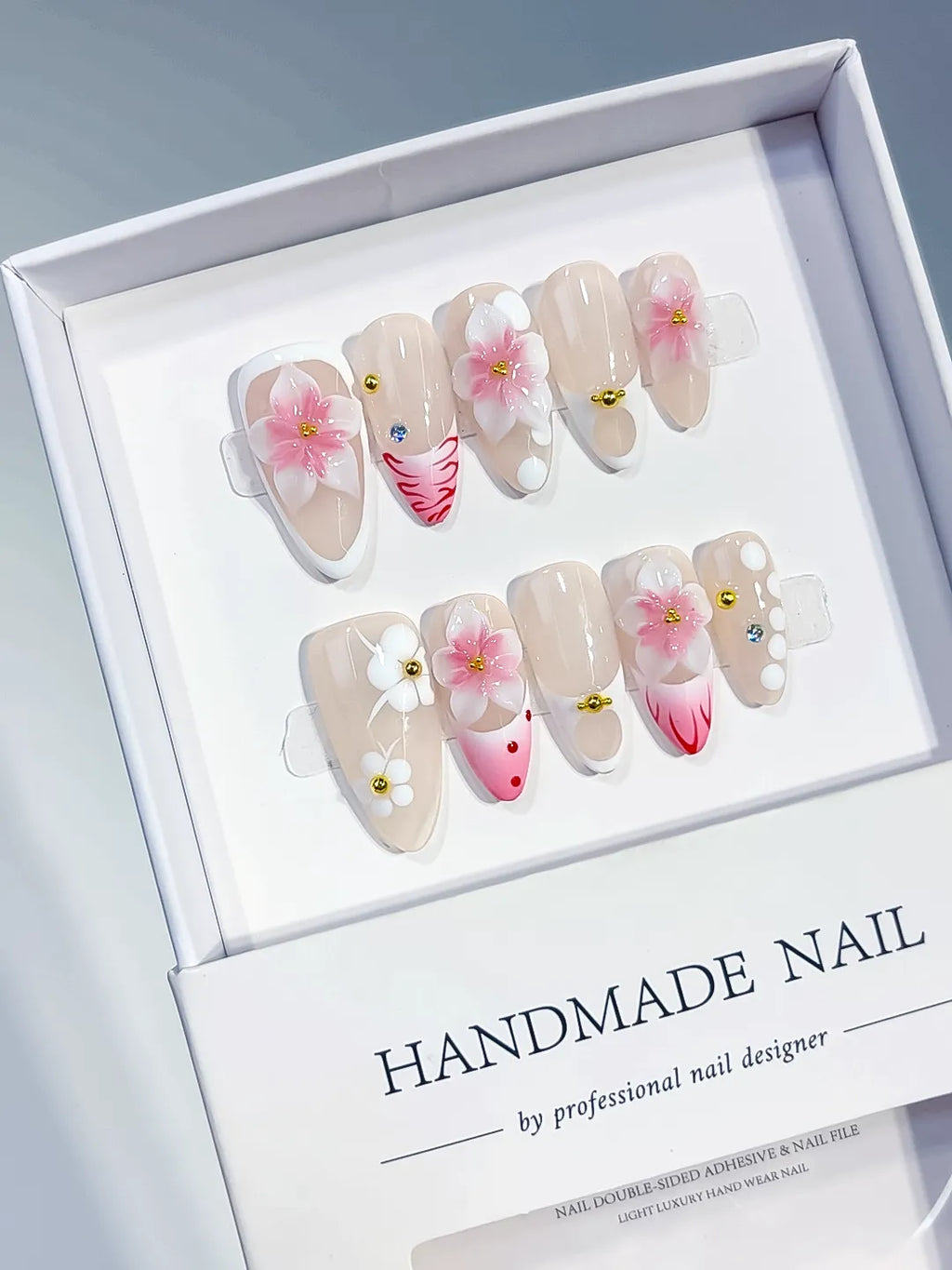 D626 - Medium Nude Pink Almond French tip Flower Dot Pattern