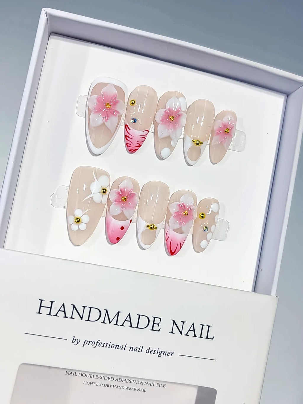 D626 - Medium Nude Pink Almond French tip Flower Dot Pattern