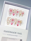 D626 - Medium Nude Pink Almond French tip Flower Dot Pattern