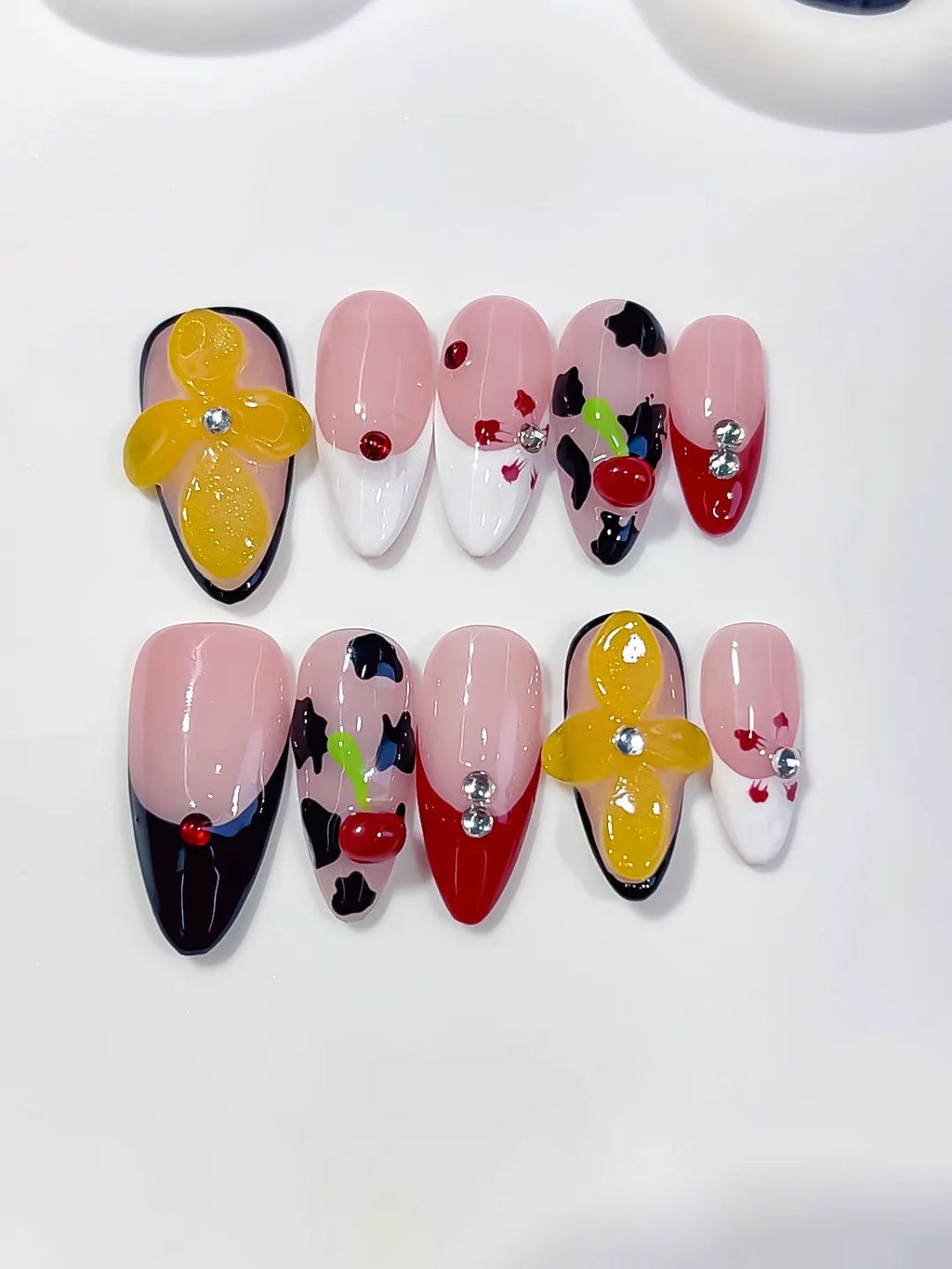 D628 - Medium Nude Pink Almond Abstract Flower Cherry VibeNailsLab