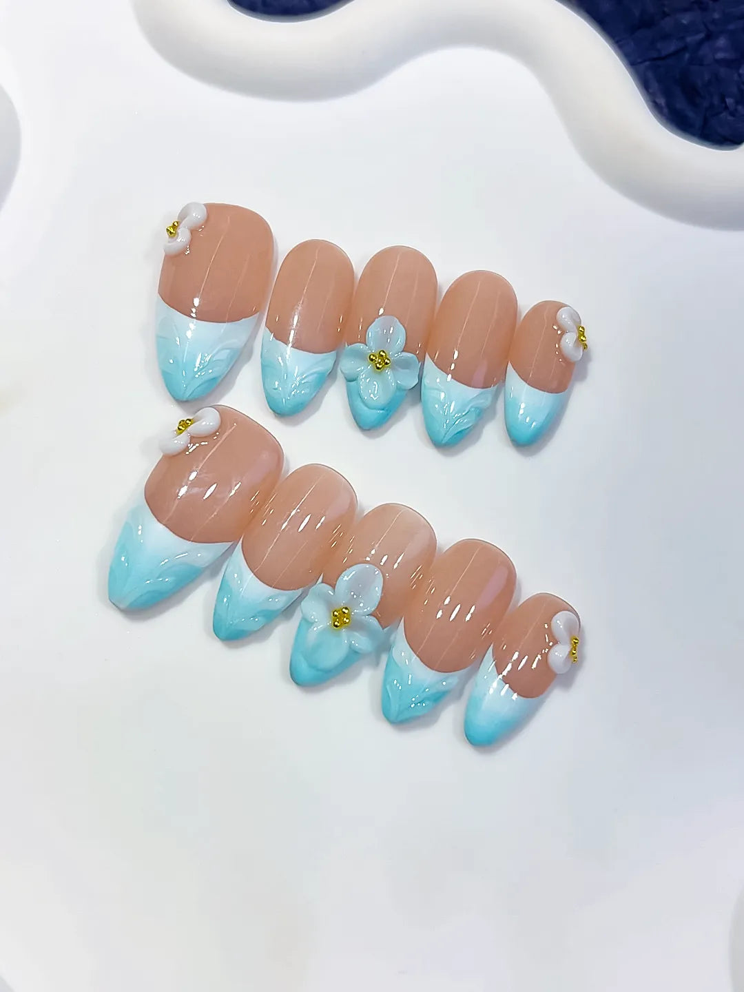 D629 - Medium Nude Blue Almond French tip Flower Bow VibeNailsLab