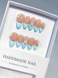 D629 - Medium Nude Blue Almond French tip Flower Bow VibeNailsLab