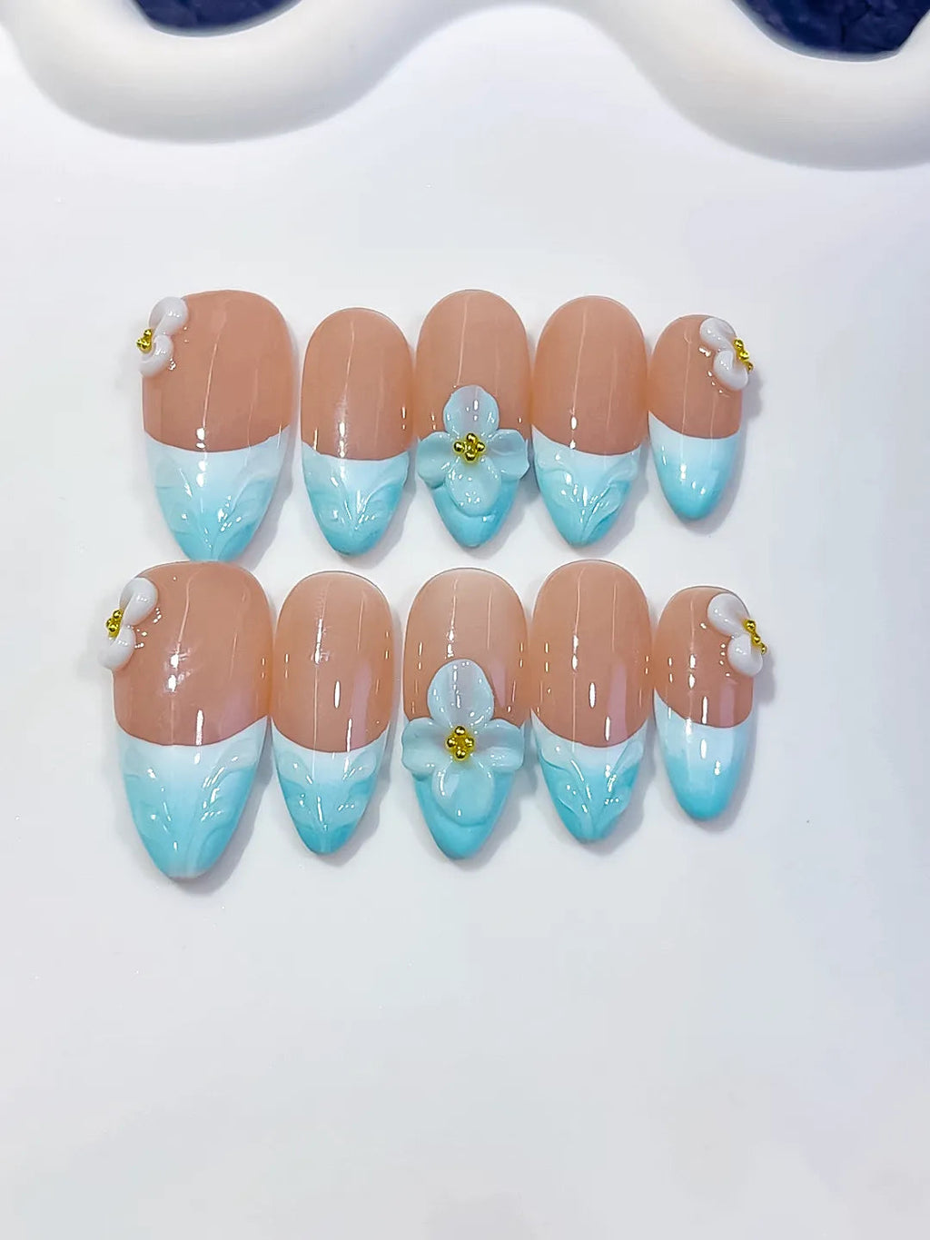 D629 - Medium Nude Blue Almond French tip Flower Bow VibeNailsLab