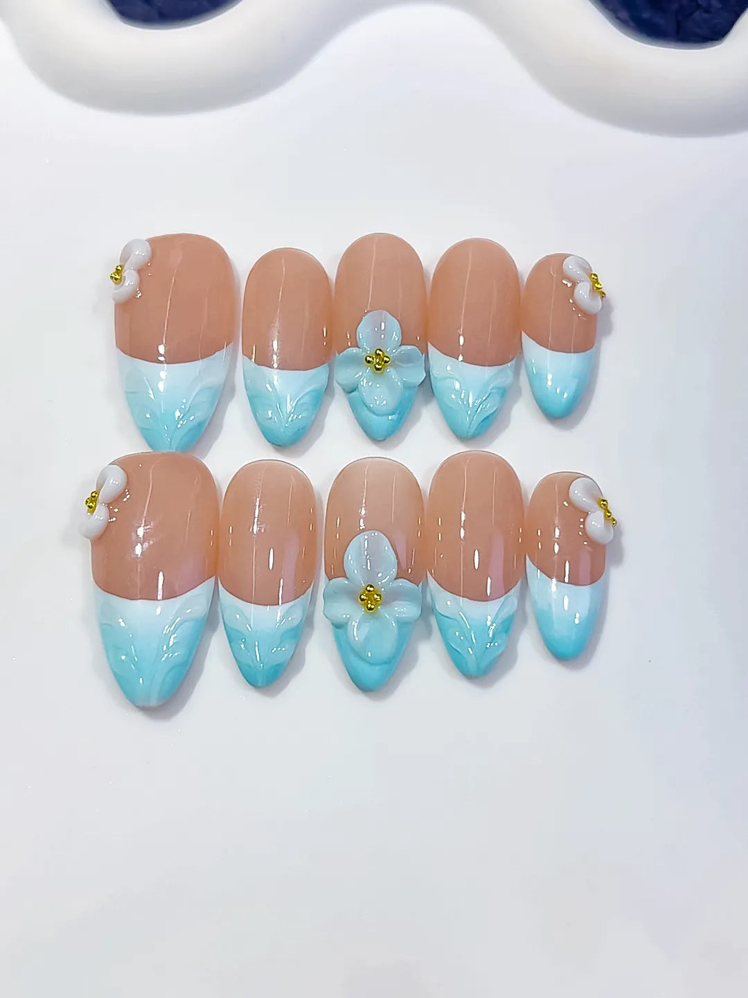 D629 - Medium Nude Blue Almond French tip Flower Bow VibeNailsLab