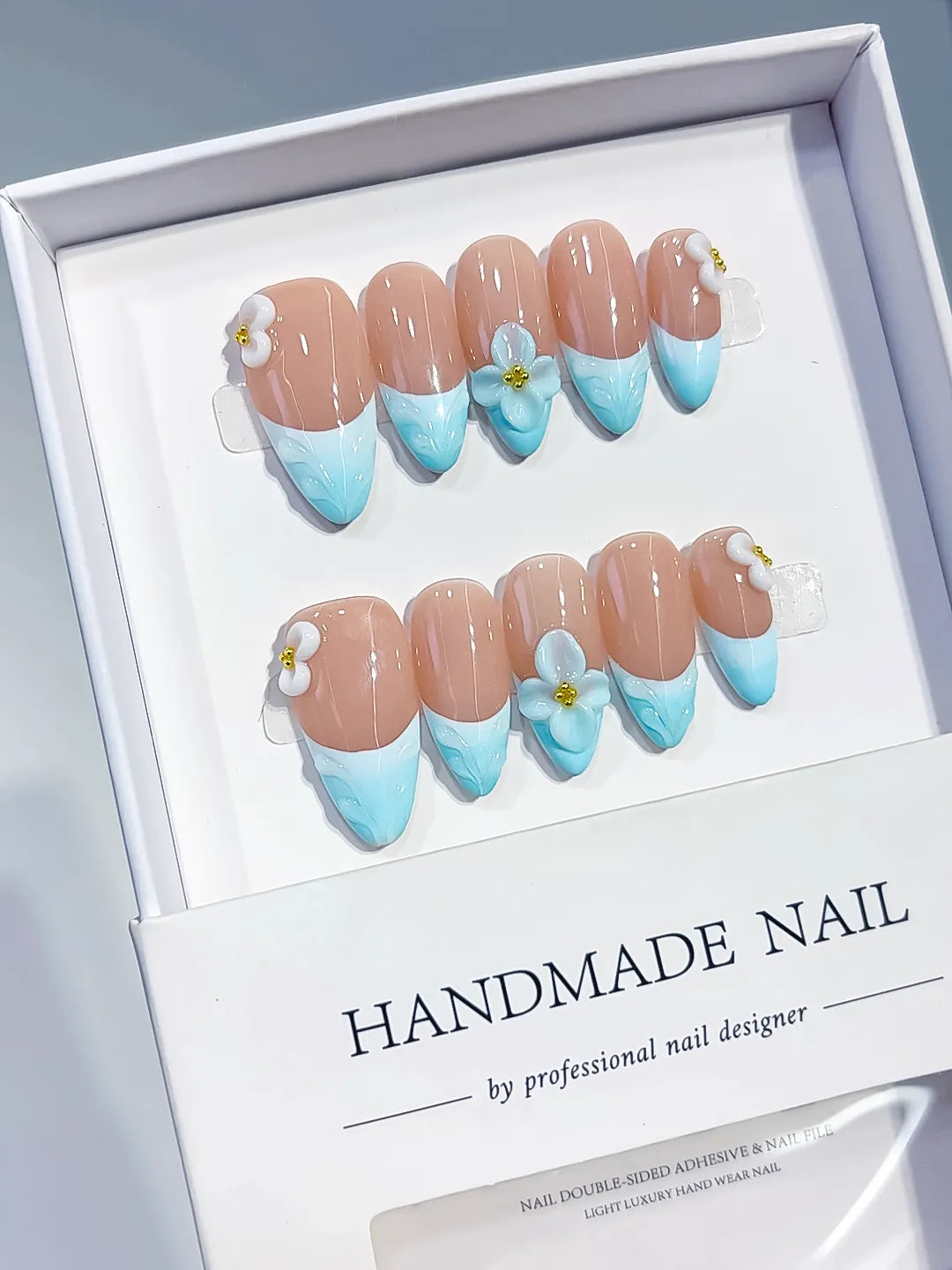 D629 - Medium Nude Blue Almond French tip Flower Bow VibeNailsLab
