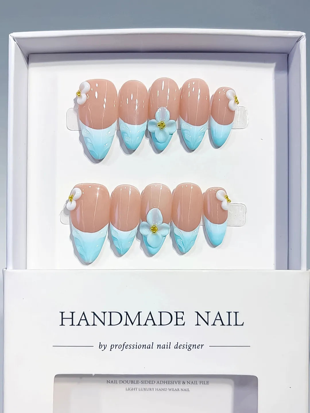 D629 - Medium Nude Blue Almond French tip Flower Bow VibeNailsLab